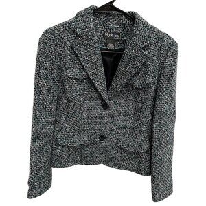 Style & Co Petite Tweed Blazer Jacket Black White Turquoise Fully Lined Sz 4P